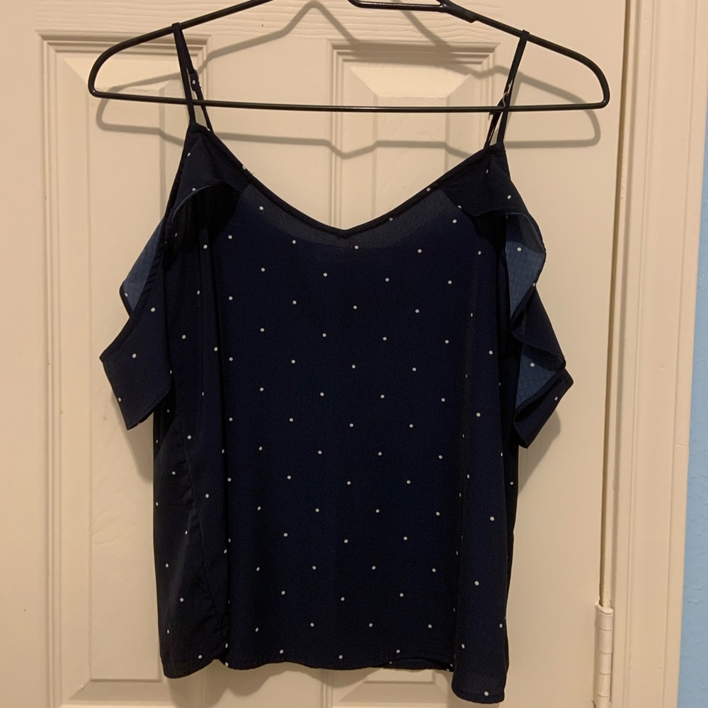 Navy Polka Dotted Cold Shoulder Top